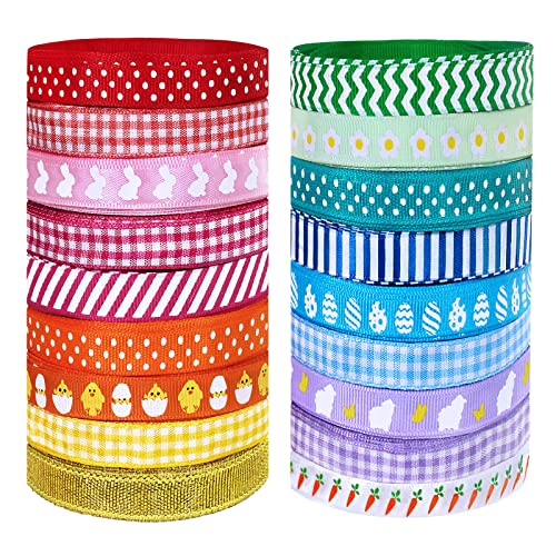 18 Rolls 90 Yards Easter Ribbons Easter Egg Chick Bunny Printed Grosgrain Ribbons Satin Ribbons Metallic Glitter Ribbons Craft Ribbons Embellish Decorative Ribbons 3/8" W for Gift Wrapping Bows Decor