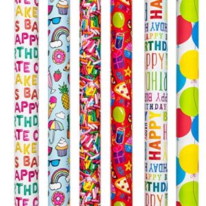 B-THERE Birthday Gift Wrap Wrapping Paper for Boys, Girls, Adults. 6 Cute & Funny Different Designs of 6 ft X 30 Roll! Includes Cactus, Fruit, Rainbows, Rainbow Sprinkles, Pizza, Balloons, Donuts