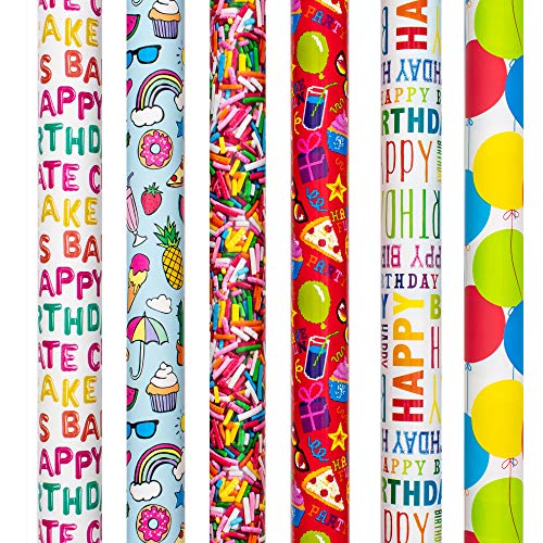 B-THERE Birthday Gift Wrap Wrapping Paper for Boys, Girls, Adults. 6 Cute & Funny Different Designs of 6 ft X 30 Roll! Includes Cactus, Fruit, Rainbows, Rainbow Sprinkles, Pizza, Balloons, Donuts