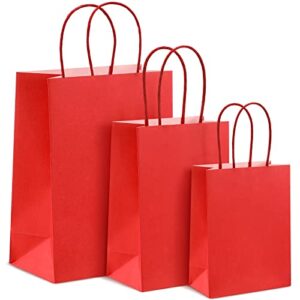 24 pieces gift bags kraft paper bags with handles goodie bags colored treat bags candy bags birthday party favors gift wrap bags for shopping wedding valentine’s day gifts decorations, 3 size (red)