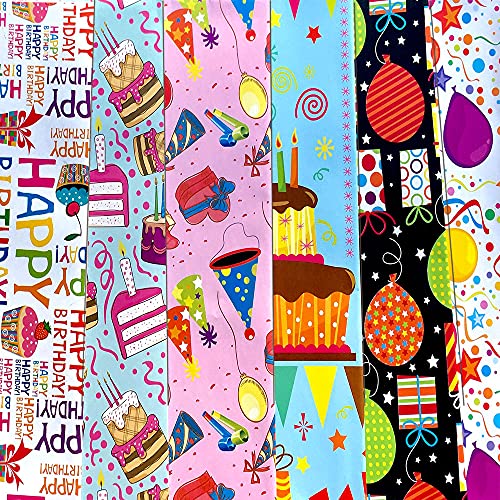 Large Sheet Birthday Wrapping Paper Sheet for Kids Girls Adults 6 Pack Folded Flat Traditional Colorful Design Gift Box Wrap for Birthday Party 74 X 50cm