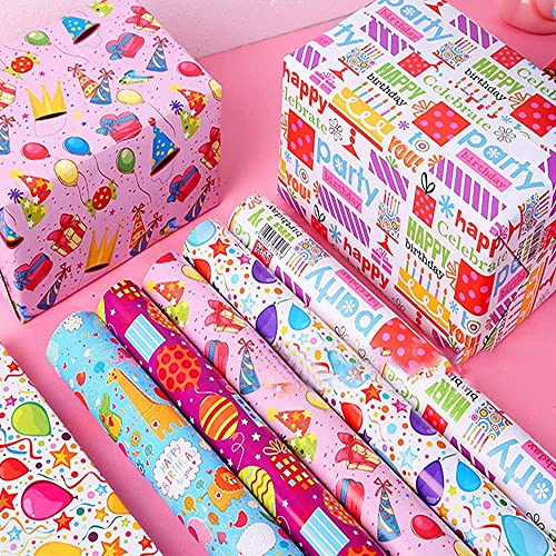 Large Sheet Birthday Wrapping Paper Sheet for Kids Girls Adults 6 Pack Folded Flat Traditional Colorful Design Gift Box Wrap for Birthday Party 74 X 50cm