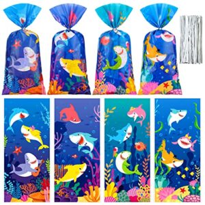 100 pcs shark candy bags cute blue shark cellophane bags blue shark gift treat bags plastic goodie bags with 150 ties shark birthday party decorations favors for boys shark themed baby shower party