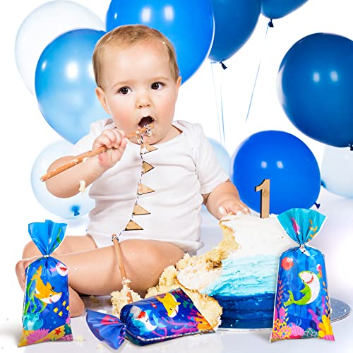 100 Pcs Shark Candy Bags Cute Blue Shark Cellophane Bags Blue Shark Gift Treat Bags Plastic Goodie Bags with 150 Ties Shark Birthday Party Decorations Favors for Boys Shark Themed Baby Shower Party