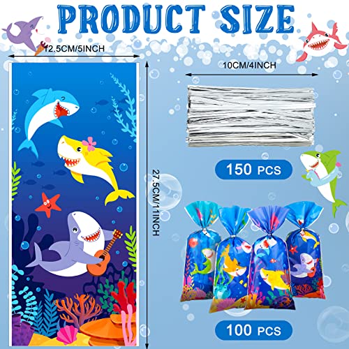 100 Pcs Shark Candy Bags Cute Blue Shark Cellophane Bags Blue Shark Gift Treat Bags Plastic Goodie Bags with 150 Ties Shark Birthday Party Decorations Favors for Boys Shark Themed Baby Shower Party