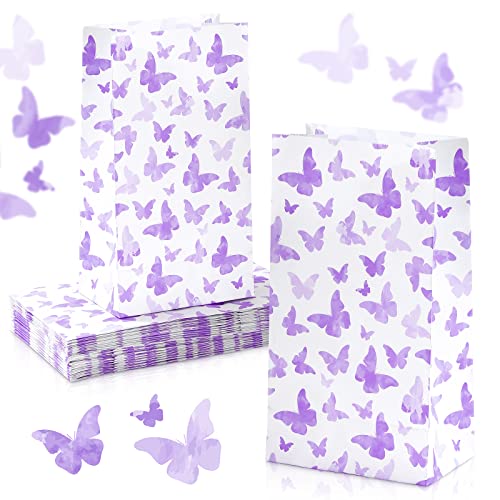 24 Pieces Butterfly Party Present Bags Butterflies Safe Paper Goodie Bags Gradient Butterflies Present Bags Butterfly Party Decorations Goody Treat Bags for Girls Women's Birthdays Supplies (Purple)