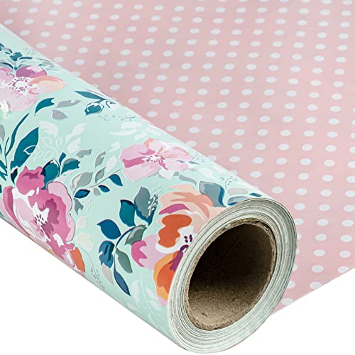 LeZakaa Reversible Floral Wrapping Paper Jumbo Roll - Flower in Blue & White Dot in Pink - 24 inches x 100 Feet (200 sq.ft.)
