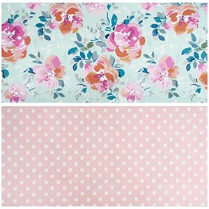 LeZakaa Reversible Floral Wrapping Paper Jumbo Roll - Flower in Blue & White Dot in Pink - 24 inches x 100 Feet (200 sq.ft.)