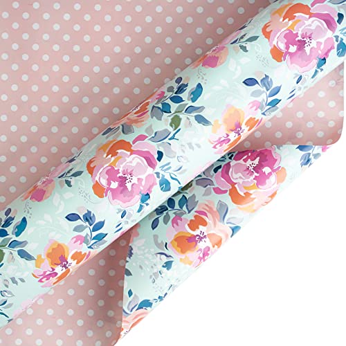 LeZakaa Reversible Floral Wrapping Paper Jumbo Roll - Flower in Blue & White Dot in Pink - 24 inches x 100 Feet (200 sq.ft.)