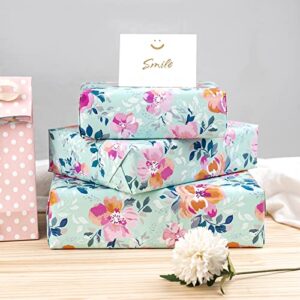 LeZakaa Reversible Floral Wrapping Paper Jumbo Roll - Flower in Blue & White Dot in Pink - 24 inches x 100 Feet (200 sq.ft.)