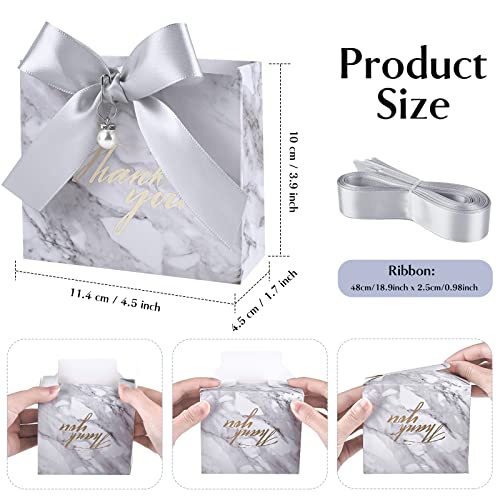 Jutieuo 50 Pack Marble Thank You Gift Bags, Small Gift boxes Bulk Party Favor Treat Bags with Silver Bow Ribbons and Pearl Pendants for Wedding Baby Shower Birthday Party Supplies