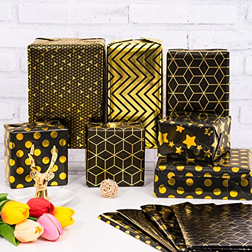 Whaline Gift Wrapping Paper Set 19.7 x 27.5 Inch Black Gold Foil Pattern Wrapping Paper 5 Designs Star Dot Wave Geometric Decorative Art Paper for Gift Packaging Birthday Graduation Craft, 10 Sheet