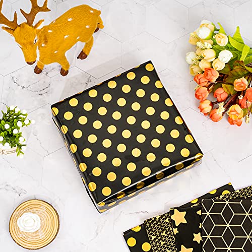 Whaline Gift Wrapping Paper Set 19.7 x 27.5 Inch Black Gold Foil Pattern Wrapping Paper 5 Designs Star Dot Wave Geometric Decorative Art Paper for Gift Packaging Birthday Graduation Craft, 10 Sheet