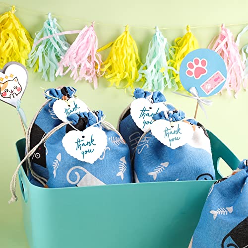 12pcs Kitty Cat Party Favors Treat Bags Drawstring 6x8”, Small Fabric Cotton Linen Gift Pouch Bags Reusable Cloth Candy Goodies Bag for Kids Cute Pet Cat Animals Themed Birthday Party Decoration