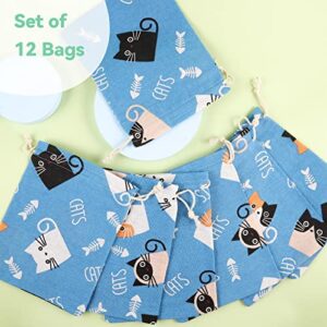 12pcs Kitty Cat Party Favors Treat Bags Drawstring 6x8”, Small Fabric Cotton Linen Gift Pouch Bags Reusable Cloth Candy Goodies Bag for Kids Cute Pet Cat Animals Themed Birthday Party Decoration