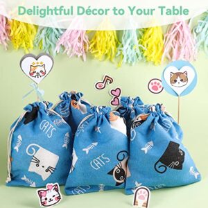 12pcs Kitty Cat Party Favors Treat Bags Drawstring 6x8”, Small Fabric Cotton Linen Gift Pouch Bags Reusable Cloth Candy Goodies Bag for Kids Cute Pet Cat Animals Themed Birthday Party Decoration