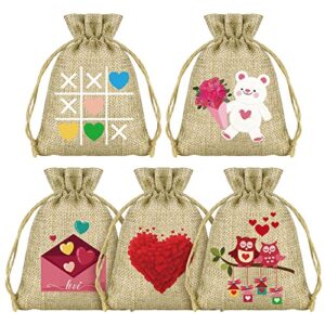 kuuqa 25 pcs heart love shaped drawstring gift bags for valentine’s day party favors, valentine’s day cotton favor pouches for goodies, sachets, and jewelry, 5 designs