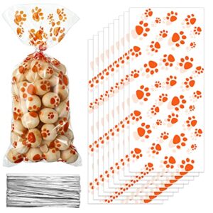 blulu 200 pieces pet paw print cone cellophane bags heat sealable candy bags dog paw gift bags cat treat bags with 200 pieces silver twist ties for pet treat party favor (orange)