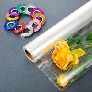 Zonon 31.5 Inch x 100 Ft Cellophane Wrap Roll Cellophane Bag Cellophane Basket Wrap with 10 Rolls Colorful Curling Ribbon Metallic Curling Balloon Ribbon for Flowers Baskets Handicraft Crafts (Clear)