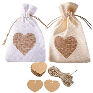 burlap bags, 40 packs 4″x6″ heart burlap bag with diy tag drawstring gift bags candy pouches linen gift pockets for valentine’s day wedding easter christmas halloween thanksgivings new year
