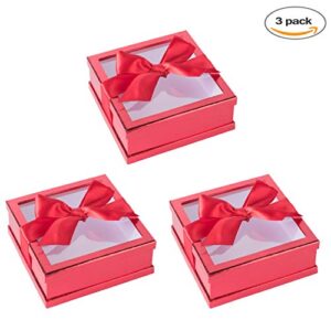 Hammont Clear Window Gift Boxes (3 Pack) Multipurpose Bakery Boxes with Ribbon | Treat Boxes Perfect for Party Favors, Cookies and Cupcakes (Red, 7” x 7” x 2”)