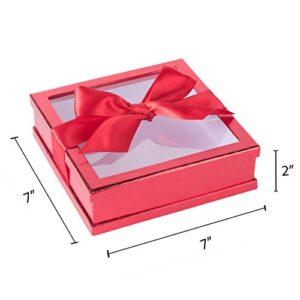 Hammont Clear Window Gift Boxes (3 Pack) Multipurpose Bakery Boxes with Ribbon | Treat Boxes Perfect for Party Favors, Cookies and Cupcakes (Red, 7” x 7” x 2”)