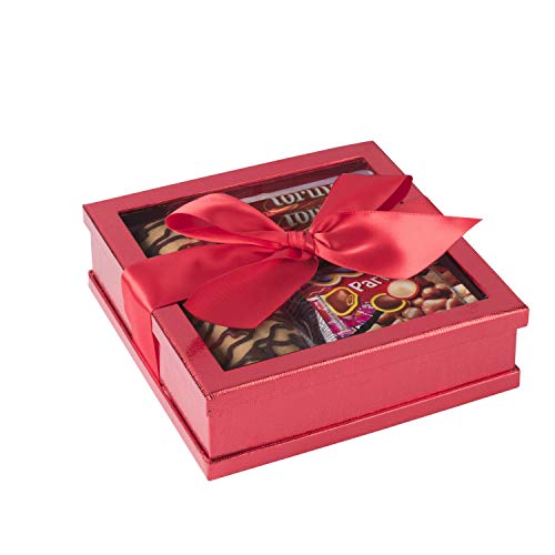 Hammont Clear Window Gift Boxes (3 Pack) Multipurpose Bakery Boxes with Ribbon | Treat Boxes Perfect for Party Favors, Cookies and Cupcakes (Red, 7” x 7” x 2”)