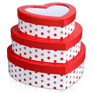 3 pcs valentine’s day heart shaped boxes with transparent window lid dot heart flower boxes heart box floral gift box goody box party favors for packaging flowers arrangement strawberries, 3 sizes