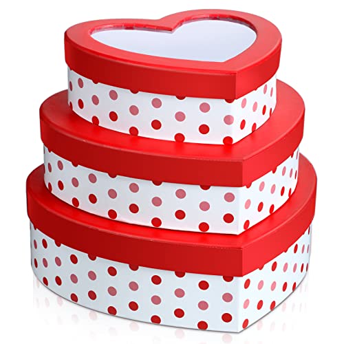 3 Pcs Valentine's Day Heart Shaped Boxes with Transparent Window Lid Dot Heart Flower Boxes Heart Box Floral Gift Box Goody Box Party Favors for Packaging Flowers Arrangement Strawberries, 3 Sizes