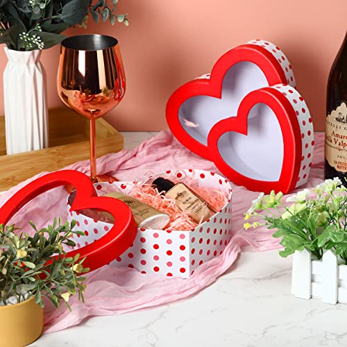 3 Pcs Valentine's Day Heart Shaped Boxes with Transparent Window Lid Dot Heart Flower Boxes Heart Box Floral Gift Box Goody Box Party Favors for Packaging Flowers Arrangement Strawberries, 3 Sizes