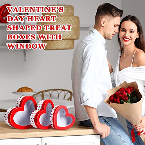 3 Pcs Valentine's Day Heart Shaped Boxes with Transparent Window Lid Dot Heart Flower Boxes Heart Box Floral Gift Box Goody Box Party Favors for Packaging Flowers Arrangement Strawberries, 3 Sizes