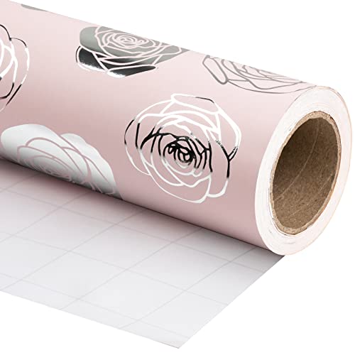 WRAPAHOLIC Wrapping Paper Roll - 24 Inch X 100 Feet Jumbo Roll Rose with Silver Foil Design, Perfect for Wedding, Birthday, Holiday, Baby Shower and More Occasions