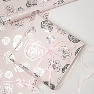 WRAPAHOLIC Wrapping Paper Roll - 24 Inch X 100 Feet Jumbo Roll Rose with Silver Foil Design, Perfect for Wedding, Birthday, Holiday, Baby Shower and More Occasions