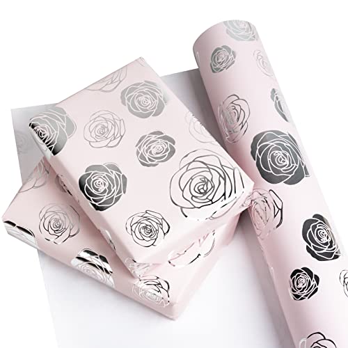 WRAPAHOLIC Wrapping Paper Roll - 24 Inch X 100 Feet Jumbo Roll Rose with Silver Foil Design, Perfect for Wedding, Birthday, Holiday, Baby Shower and More Occasions