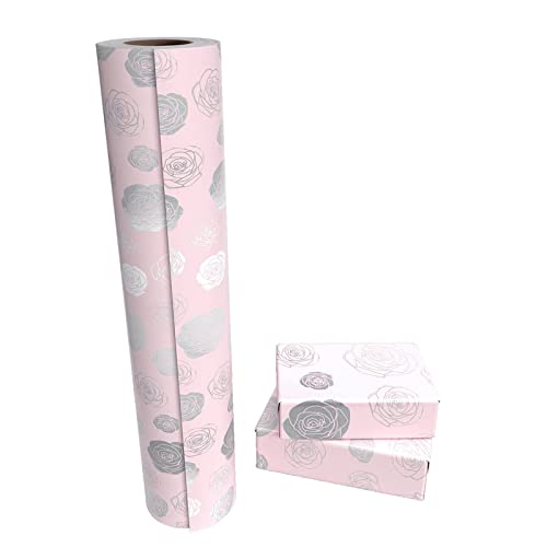 WRAPAHOLIC Wrapping Paper Roll - 24 Inch X 100 Feet Jumbo Roll Rose with Silver Foil Design, Perfect for Wedding, Birthday, Holiday, Baby Shower and More Occasions