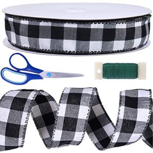 50 yards black and white buffalo check plaid wired ribbon 1.5″ wide gingham ribbon for rustic christmas tree wreath gift wrapping bows crafts floral arrangement festive farmhouse party decoration