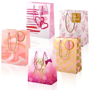 mamunu 5 pack gift bags medium size, pink paper bag with dot, love, heart pattern, party favor bags bulk with handles for valentine’s day, wedding, mother’s day, birthday, anniversary, baby shower goodie bags, 9.8 x 7.9 x 3.9 inch
