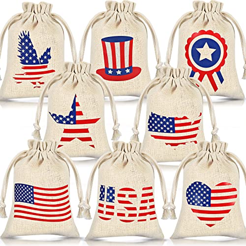 24 Pieces Burlap Treat Bags Drawstring Burlap Bags Patriotic Red White and Blue American Flag Star Gift Bags Party Favors Bags for Labor Day Wedding Baby Shower and Christmas DIY (7 x 5 Inch)