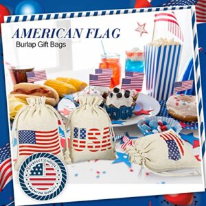 24 Pieces Burlap Treat Bags Drawstring Burlap Bags Patriotic Red White and Blue American Flag Star Gift Bags Party Favors Bags for Labor Day Wedding Baby Shower and Christmas DIY (7 x 5 Inch)