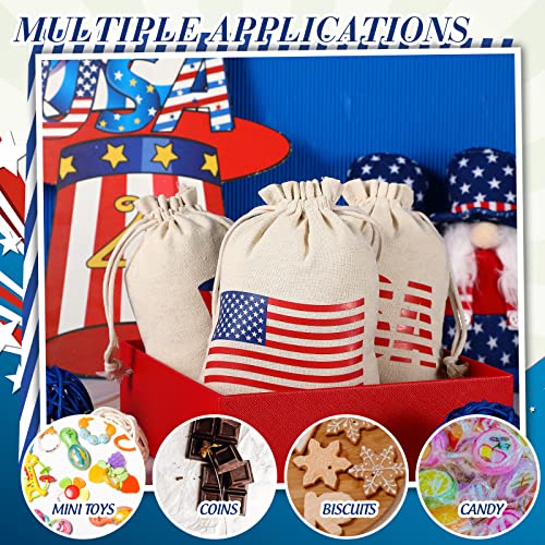 24 Pieces Burlap Treat Bags Drawstring Burlap Bags Patriotic Red White and Blue American Flag Star Gift Bags Party Favors Bags for Labor Day Wedding Baby Shower and Christmas DIY (7 x 5 Inch)