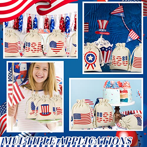 24 Pieces Burlap Treat Bags Drawstring Burlap Bags Patriotic Red White and Blue American Flag Star Gift Bags Party Favors Bags for Labor Day Wedding Baby Shower and Christmas DIY (7 x 5 Inch)