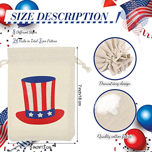 24 Pieces Burlap Treat Bags Drawstring Burlap Bags Patriotic Red White and Blue American Flag Star Gift Bags Party Favors Bags for Labor Day Wedding Baby Shower and Christmas DIY (7 x 5 Inch)