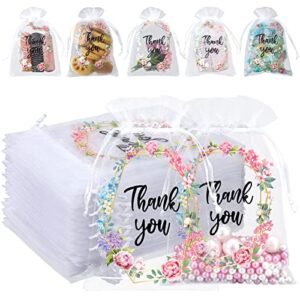 200 pcs thank you bags sheer organza bags 4×6 inch floral design small thank you gift bags bulk jewelry present bags with drawstring mesh wedding party favor bags for wedding baby shower christmas