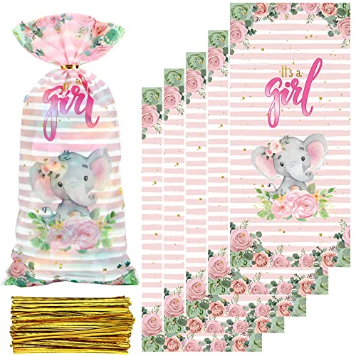 100 Pack Pink Elephant Baby Shower Cellophane Treat Bags Cute Elephant Candy Bags Pink Elephant Baby Shower Supplies Favor Bags Goodie Bags with 150 Pieces Gold Twist Ties for Birthday Party Supplies