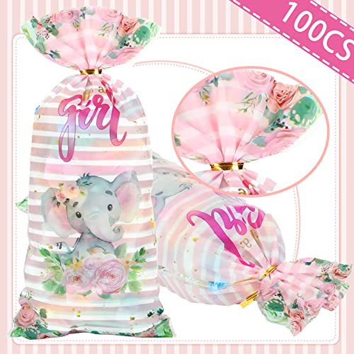 100 Pack Pink Elephant Baby Shower Cellophane Treat Bags Cute Elephant Candy Bags Pink Elephant Baby Shower Supplies Favor Bags Goodie Bags with 150 Pieces Gold Twist Ties for Birthday Party Supplies