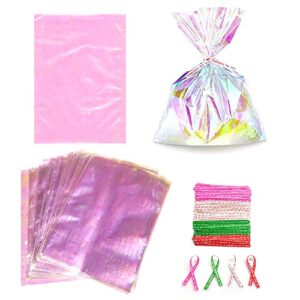 saktopdeco 100 pcs holographic cellophane bags holographic gift bags iridescent plastic goodie bags with ties cookie bags for bakery cookies goodies (5″ x 7″)