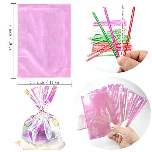 SaktopDeco 100 PCS Holographic Cellophane Bags Holographic Gift Bags Iridescent Plastic Goodie Bags with Ties Cookie Bags for Bakery Cookies Goodies (5" x 7")