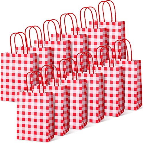 50 Pieces Gingham Kraft Paper Gift Bags with Handles Buffalo Plaid Goodies Bags Red and White Paper Bags Present Party Favor Bags for Wedding Christmas Birthday Party Supplies, 5.91 x 8.27 x 3.15 Inch