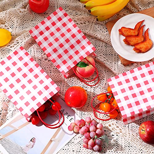 50 Pieces Gingham Kraft Paper Gift Bags with Handles Buffalo Plaid Goodies Bags Red and White Paper Bags Present Party Favor Bags for Wedding Christmas Birthday Party Supplies, 5.91 x 8.27 x 3.15 Inch