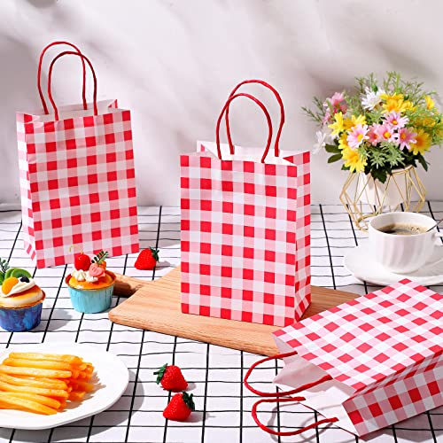 50 Pieces Gingham Kraft Paper Gift Bags with Handles Buffalo Plaid Goodies Bags Red and White Paper Bags Present Party Favor Bags for Wedding Christmas Birthday Party Supplies, 5.91 x 8.27 x 3.15 Inch